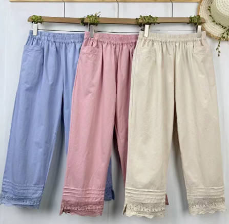 Women Summer Solid Color Linen Elastic Waist Cropped Pants