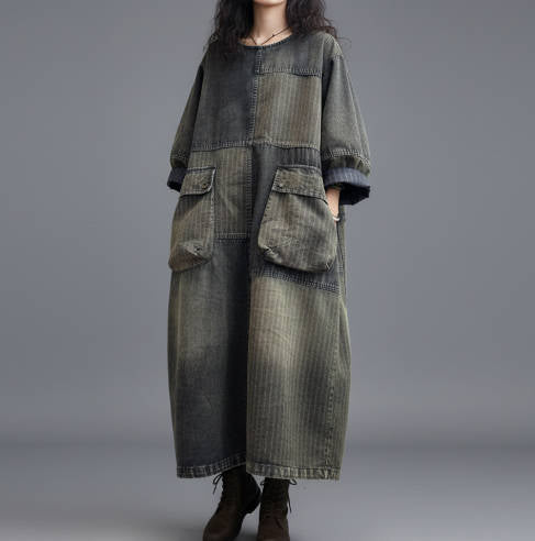 Loose Denim Patchwork Maxi Dress with Round Neck and Big Pockets