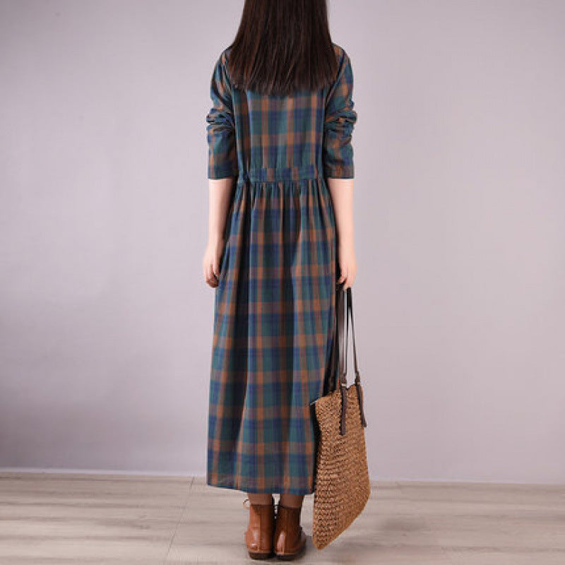 Women Cotton Linen Plus Size Plaid Stand Collar A-Line Dress