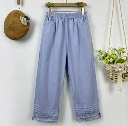 Women Summer Solid Color Linen Elastic Waist Cropped Pants