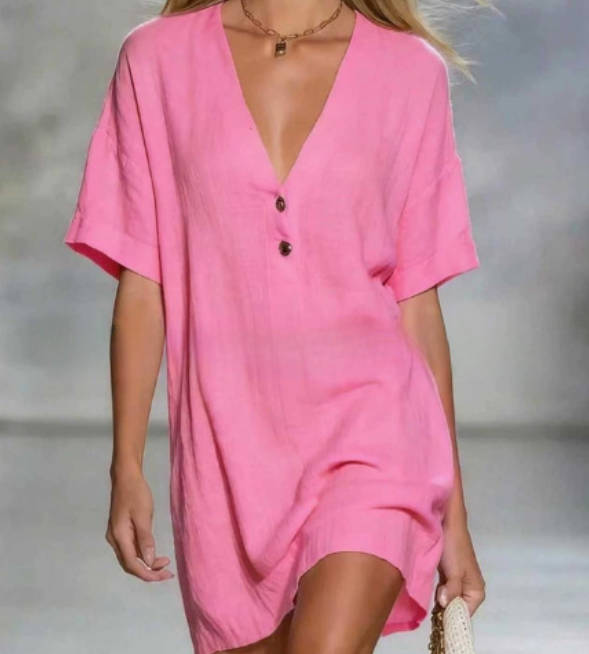 Women Loose Casual Cotton Linen V-Neck Short Sleeves Dress