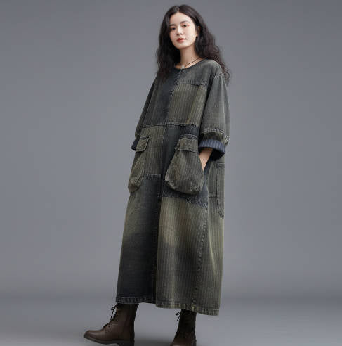 Loose Denim Patchwork Maxi Dress with Round Neck and Big Pockets