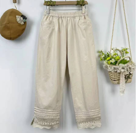Women Summer Solid Color Linen Elastic Waist Cropped Pants