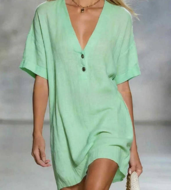 Women Loose Casual Cotton Linen V-Neck Short Sleeves Dress