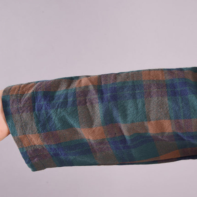 Women Cotton Linen Plus Size Plaid Stand Collar A-Line Dress