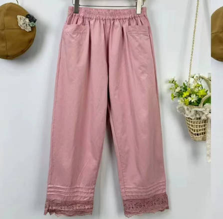 Women Summer Solid Color Linen Elastic Waist Cropped Pants