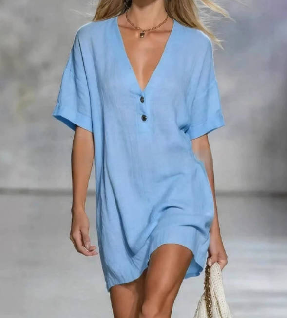 Women Loose Casual Cotton Linen V-Neck Short Sleeves Dress