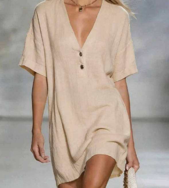 Women Loose Casual Cotton Linen V-Neck Short Sleeves Dress
