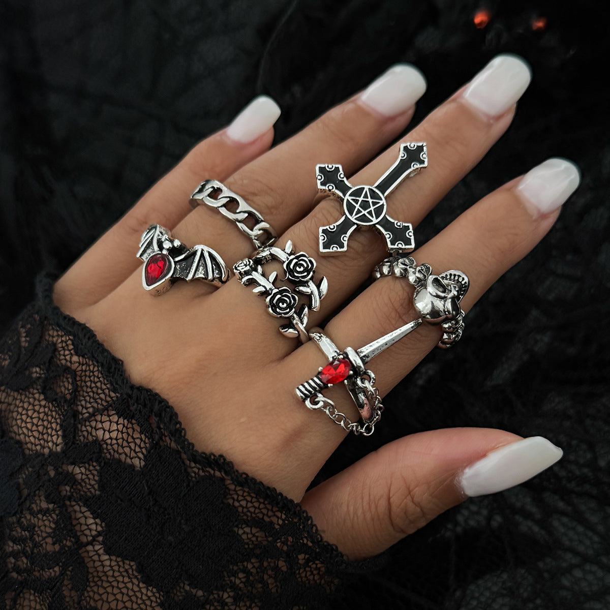 Dark Skull Heart Open Ring Halloween Star Sword Hand Jewelry