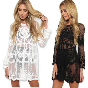 PURE COLOR BOHEMIAN LACE LONG TRUMPET SLEEVES SHORT DRESS