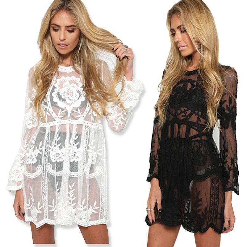 PURE COLOR BOHEMIAN LACE LONG TRUMPET SLEEVES SHORT DRESS