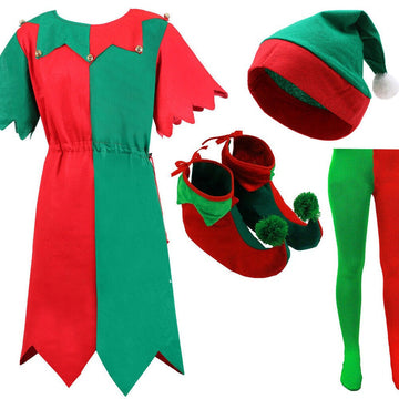 Christmas Children's Elf Costume Green Clown Outfit For Boys Girls