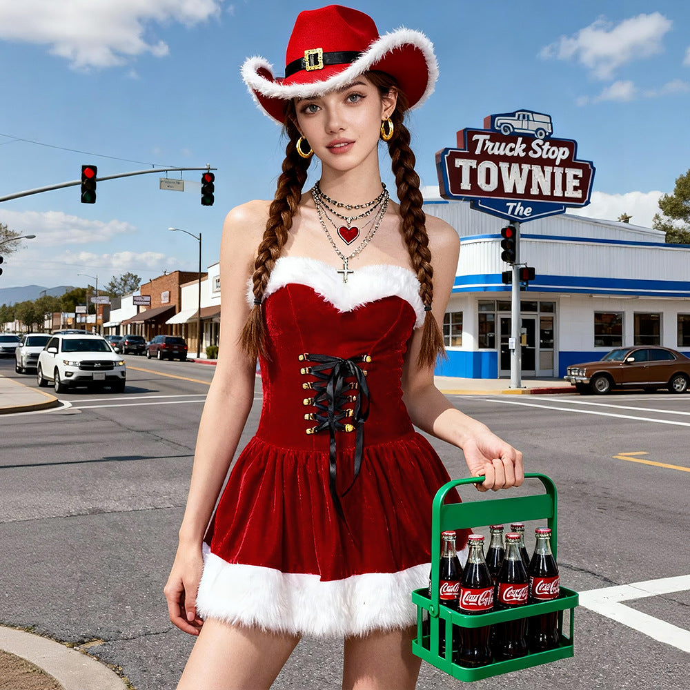 Red Fluffy Christmas Sexy Dress With Cowboy Hat Santa Costume