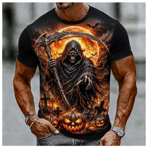Men's Halloween T-Shirt Graveyard Scarecrow Pumpkin Print
