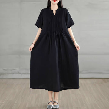 Summer Cotton Simple V-Neck Colorful Short Sleeves A-Line Dress