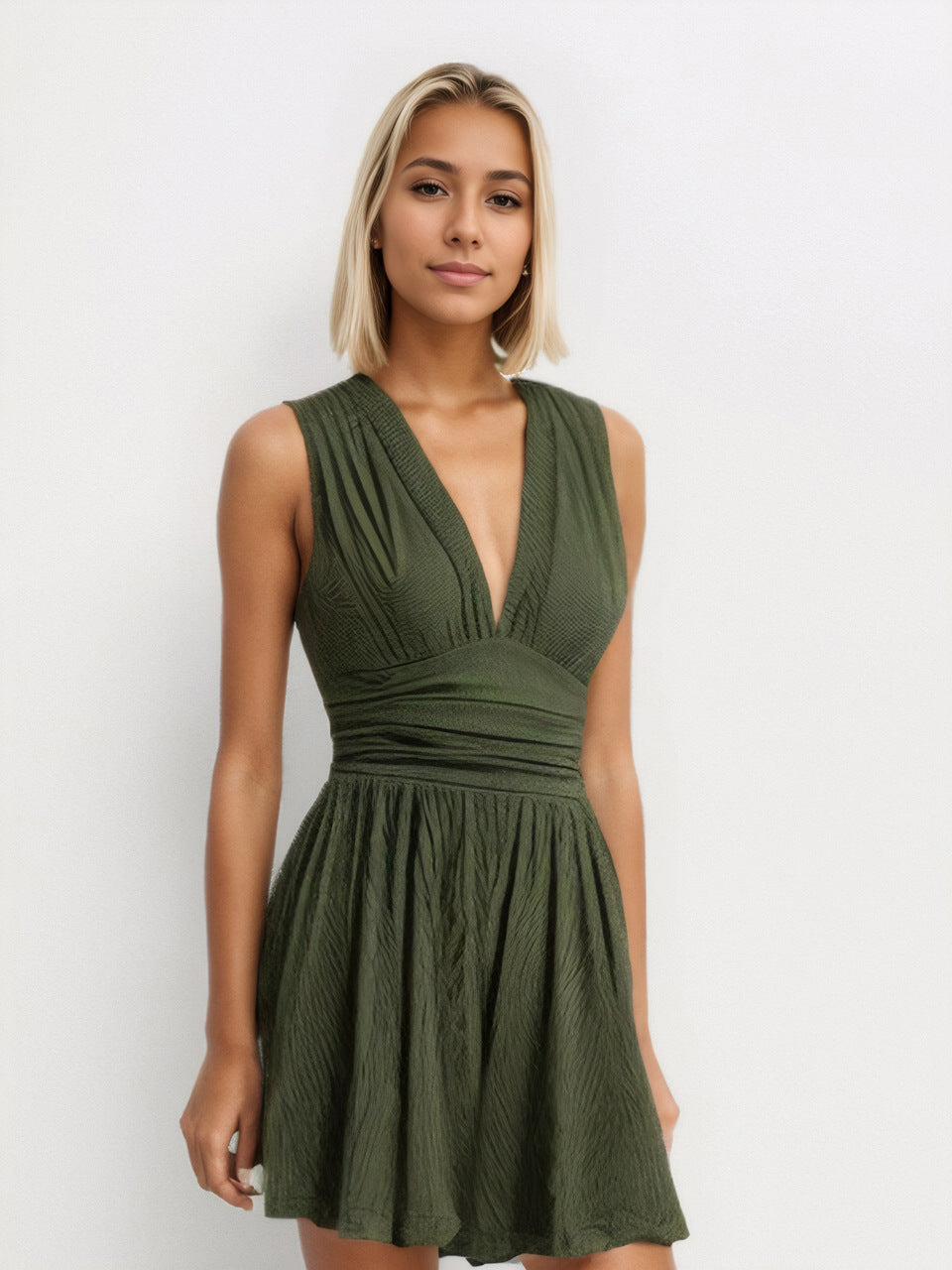 Women Elegant V-Neck Knitted Solid Color Sleeveless Dress