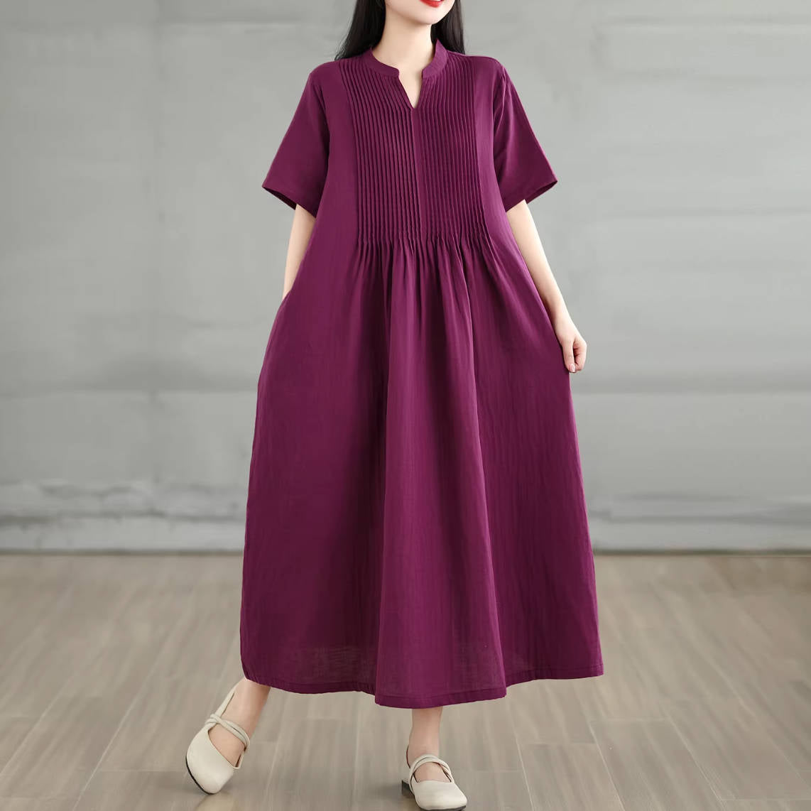 Summer Cotton Simple V-Neck Colorful Short Sleeves A-Line Dress