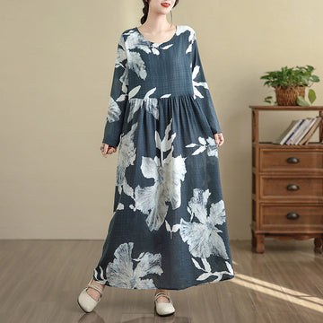 Retro Cotton Floral Print Vacation Round Neck Maxi Dress