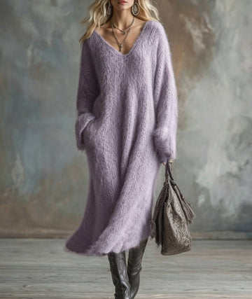Vintage Women Long Sleeve V-Neck Loose Knit Sweater Dress