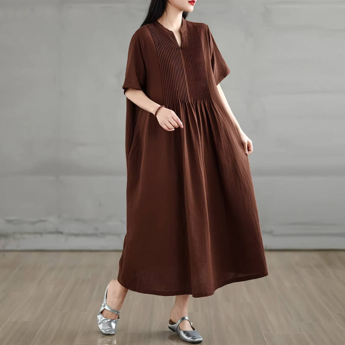 Summer Cotton Simple V-Neck Colorful Short Sleeves A-Line Dress