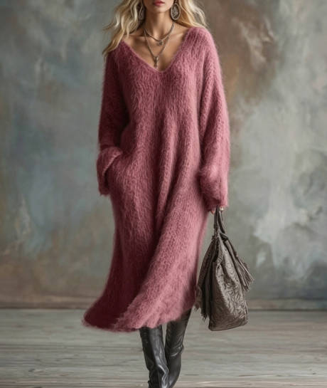 Vintage Women Long Sleeve V-Neck Loose Knit Sweater Dress