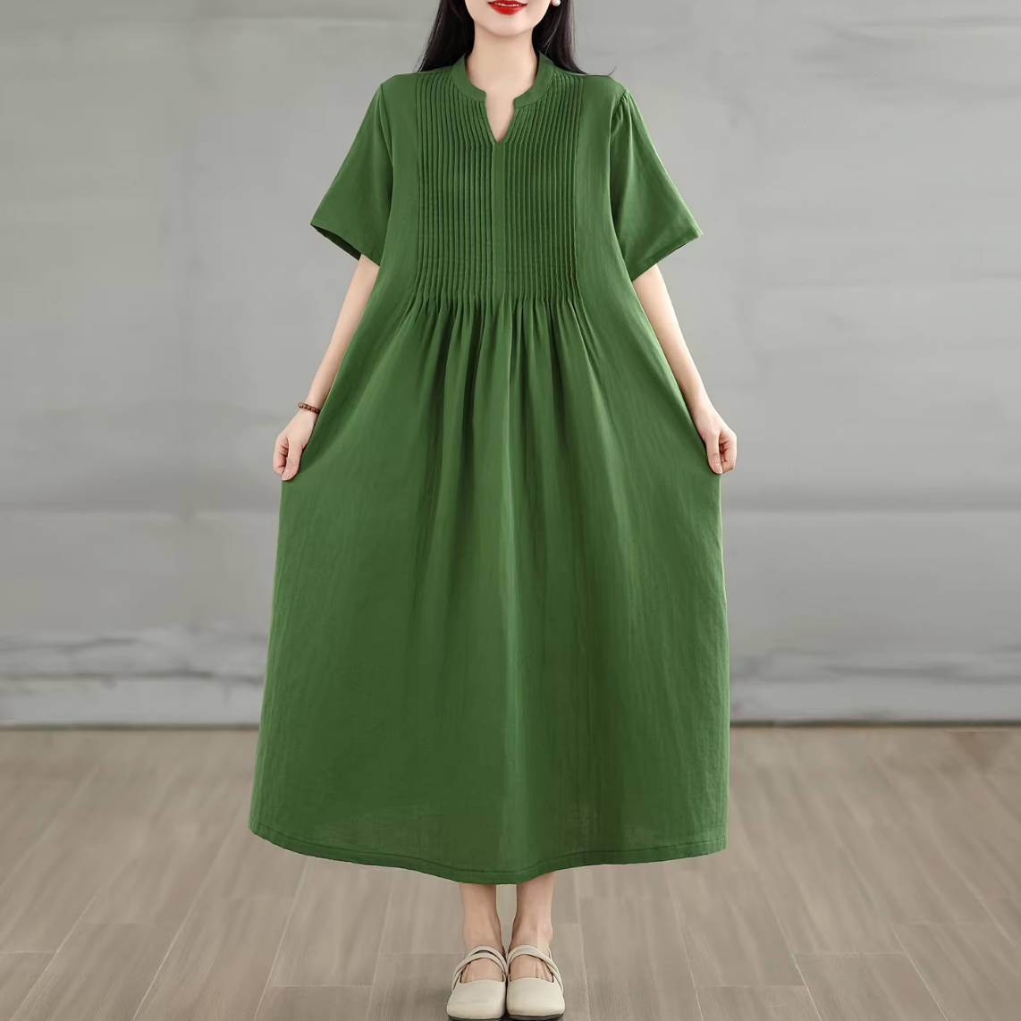 Summer Cotton Simple V-Neck Colorful Short Sleeves A-Line Dress
