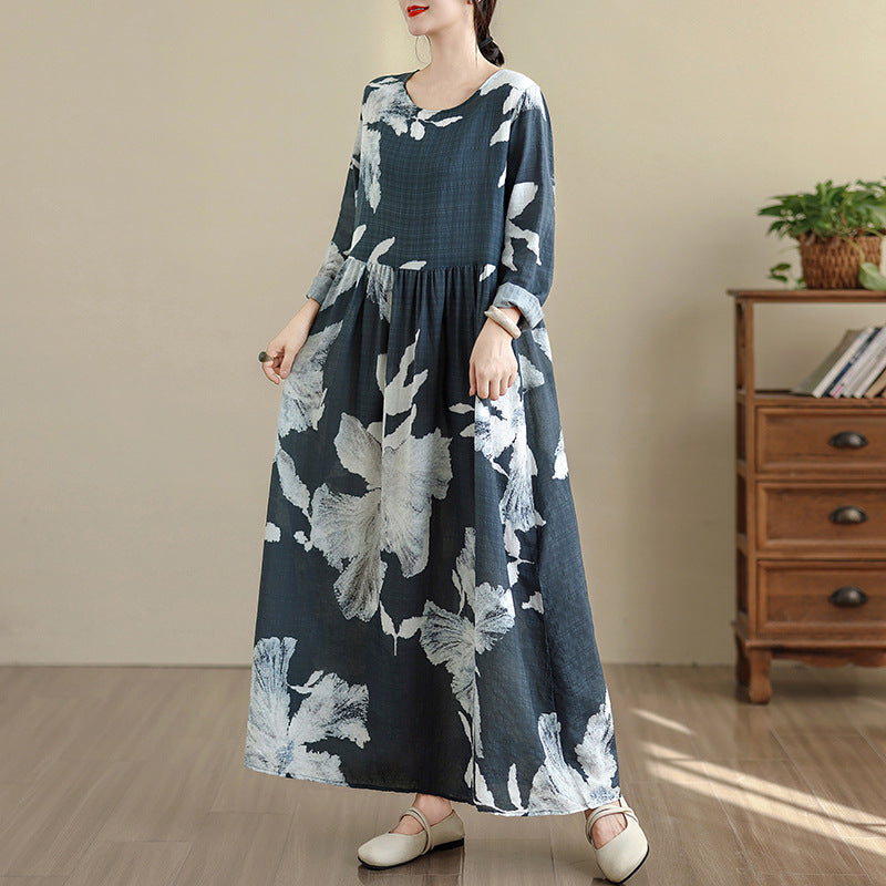 Retro Cotton Floral Print Vacation Round Neck Maxi Dress