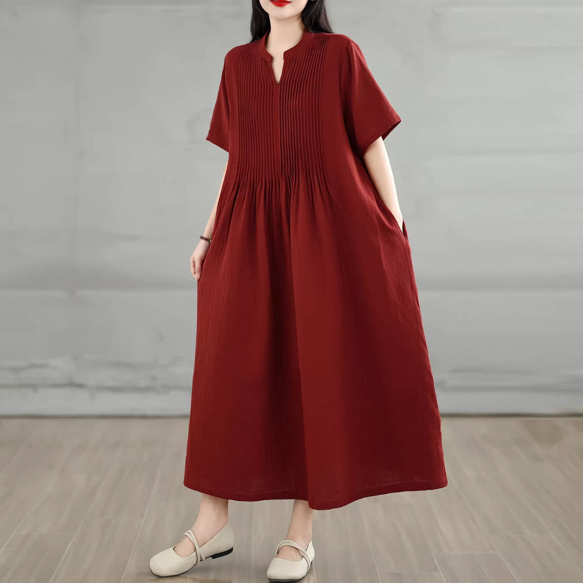 Summer Cotton Simple V-Neck Colorful Short Sleeves A-Line Dress