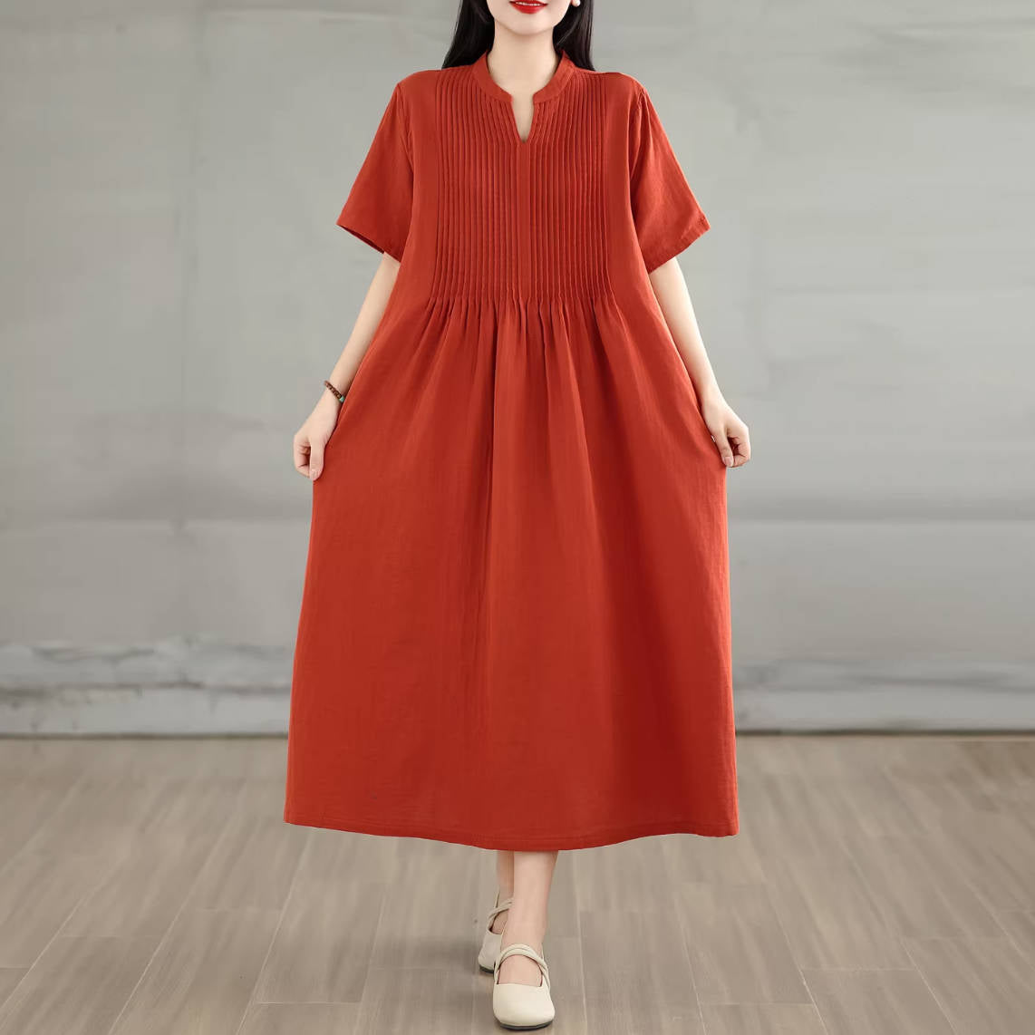 Summer Cotton Simple V-Neck Colorful Short Sleeves A-Line Dress