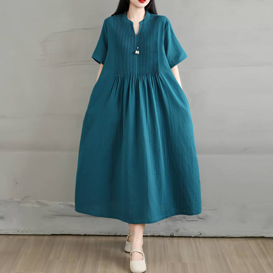 Summer Cotton Simple V-Neck Colorful Short Sleeves A-Line Dress