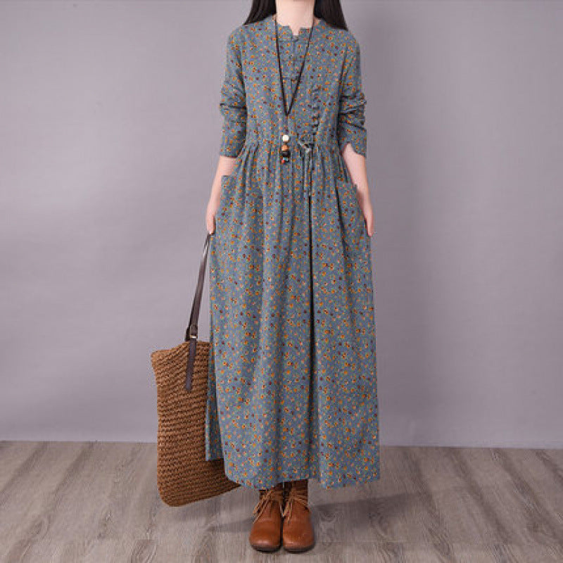 Retro Linen Stand Collar Floral Printed Casual A-Line Dress