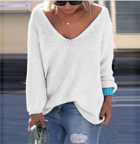 V-NECK LOOSE KNIT PURE COLOR PULLOVER SWEATER