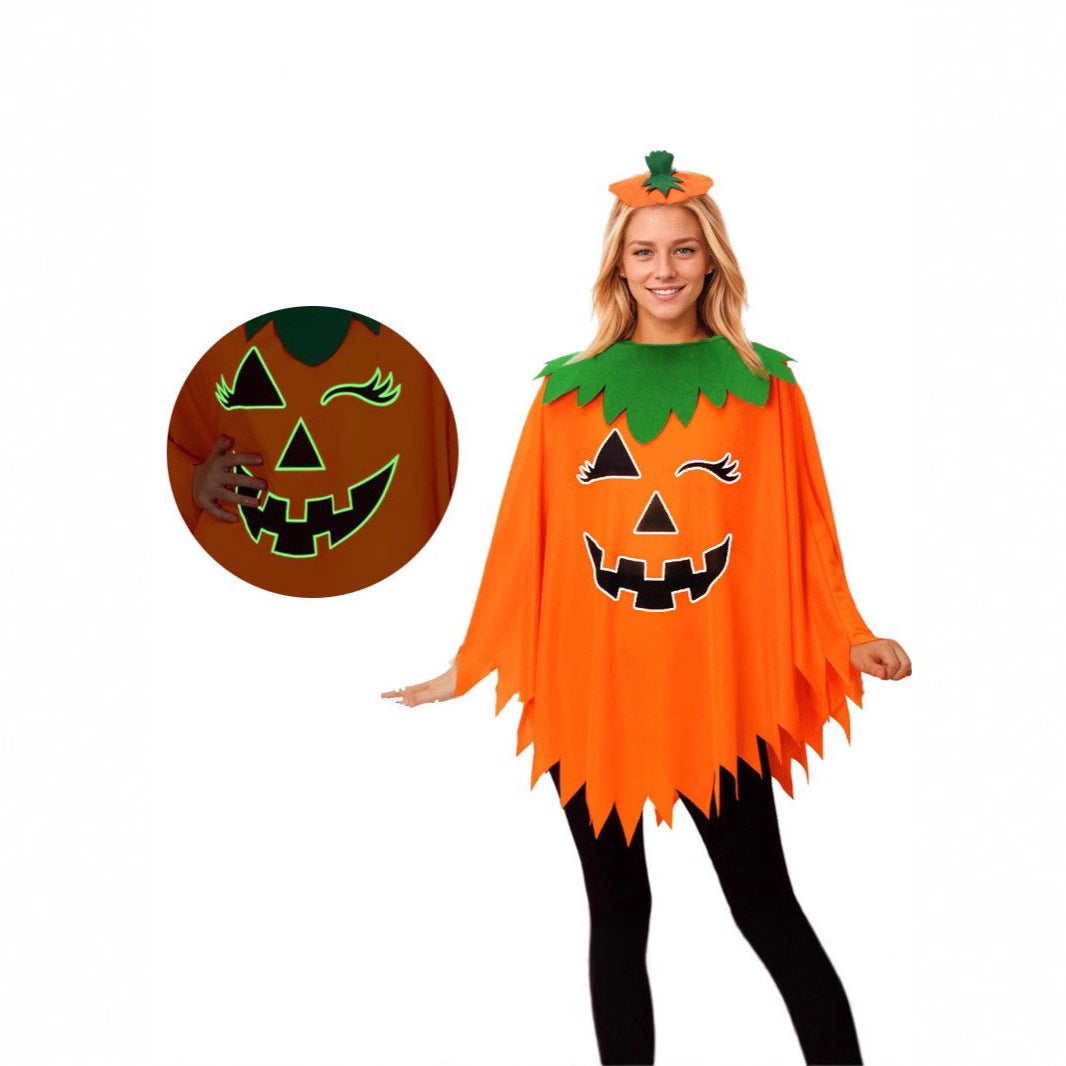 Halloween Glow-In-The-Dark Pumpkin Cape Cloak Hat Headband Set