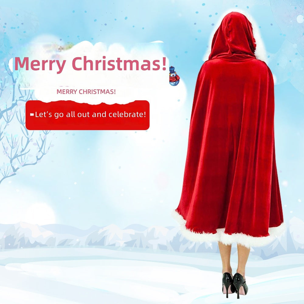 Christmas Cloak Adult Santa Cape Red Velvet Hooded Performance Costume