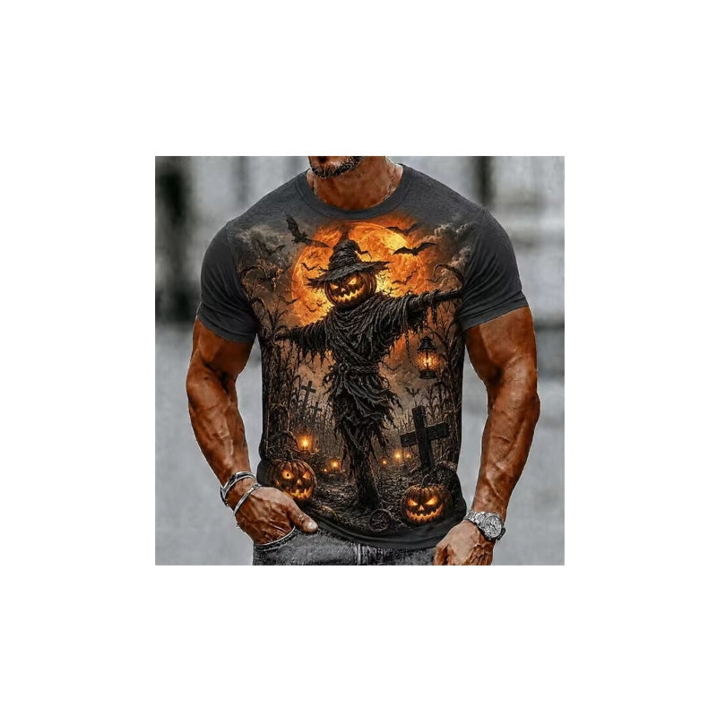Men's Halloween T-Shirt Graveyard Scarecrow Pumpkin Print