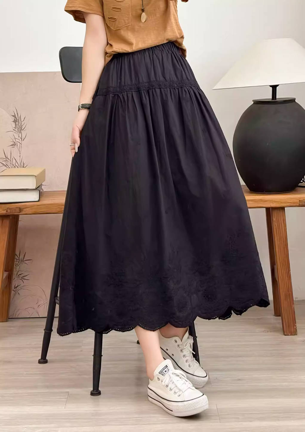 Spring Cotton Vintage Embroidered Lace High Elastic Waist Skirt