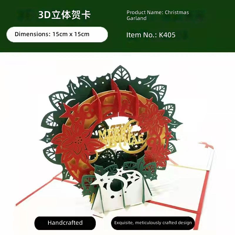 3D Pop Up Greeting Card, Handmade Paper Carved Christmas Wreath, Custom Logo, Christmas Gift
