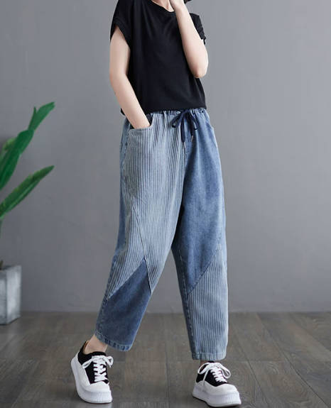 Women Vintage Vertical Stripe High-Waisted Patchwork Denim Harem Pants