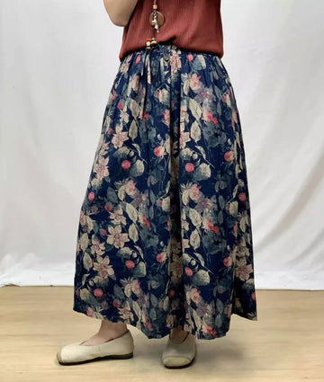 Spring Retro Ramie Printed Elastic Waist Lace-Up Thin A-Line Skirt