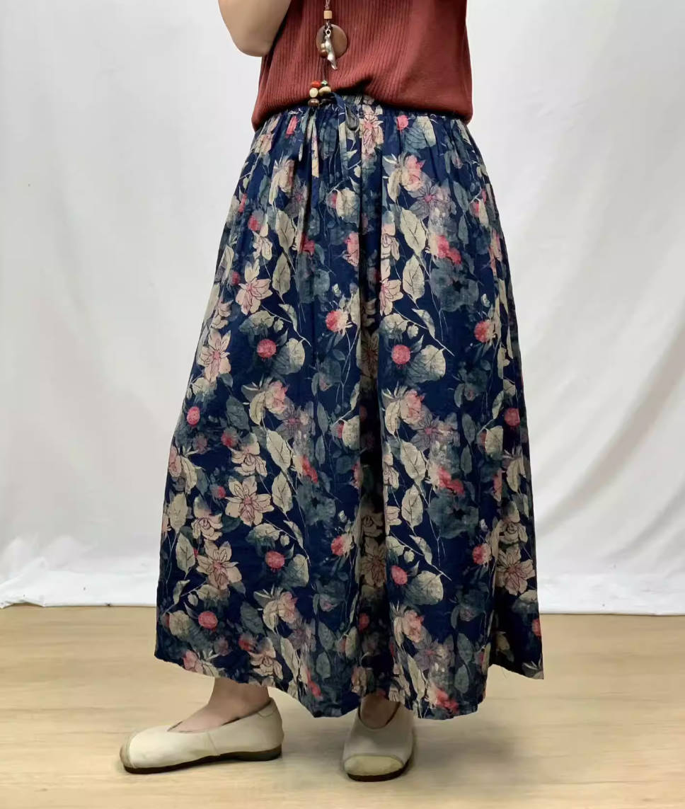 Spring Retro Ramie Printed Elastic Waist Lace-Up Thin A-Line Skirt