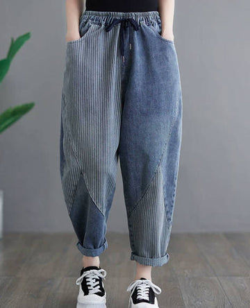 Women Vintage Vertical Stripe High-Waisted Patchwork Denim Harem Pants