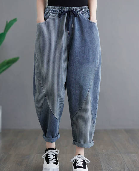 Women Vintage Vertical Stripe High-Waisted Patchwork Denim Harem Pants