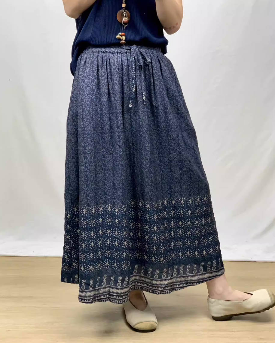 Spring Retro Ramie Printed Elastic Waist Lace-Up Thin A-Line Skirt