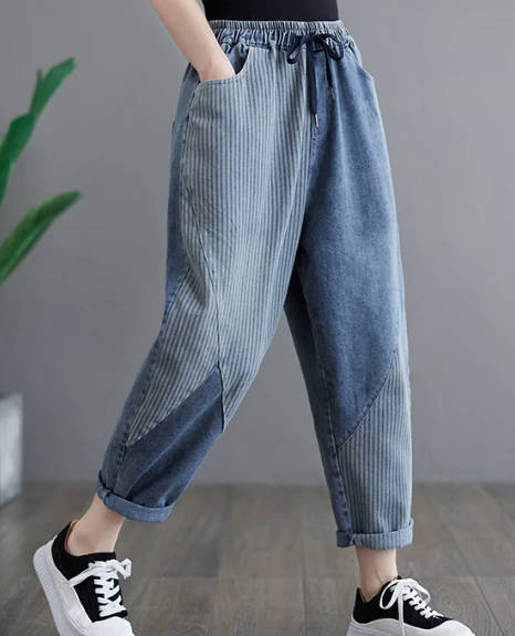 Women Vintage Vertical Stripe High-Waisted Patchwork Denim Harem Pants