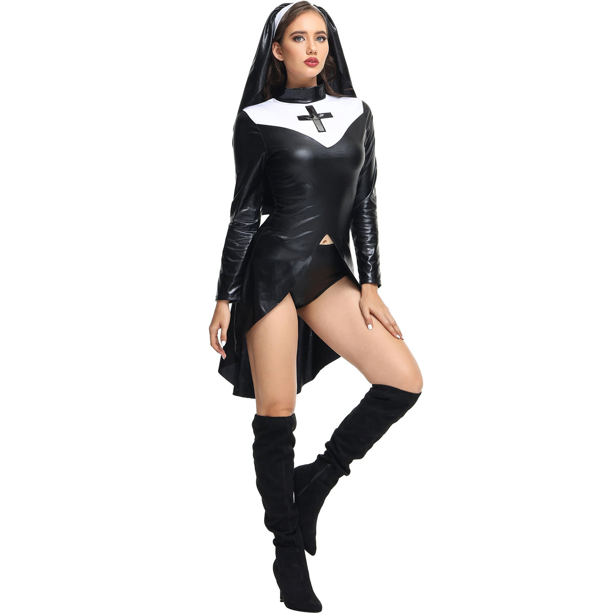 S-XXL Halloween Nun Costume PU Leather Punk Cosplay Uniform