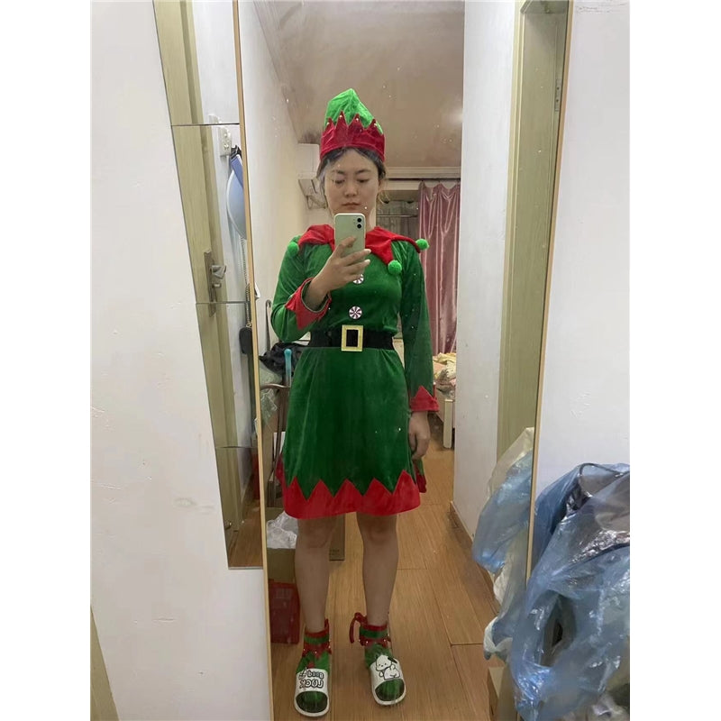Christmas Children's Elf Costume Green Clown Outfit For Boys Girls