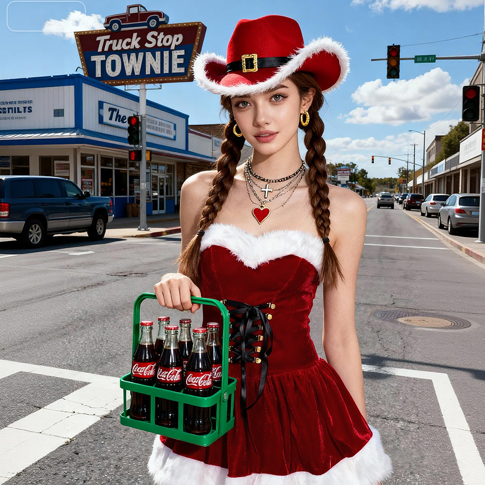 Red Fluffy Christmas Sexy Dress With Cowboy Hat Santa Costume