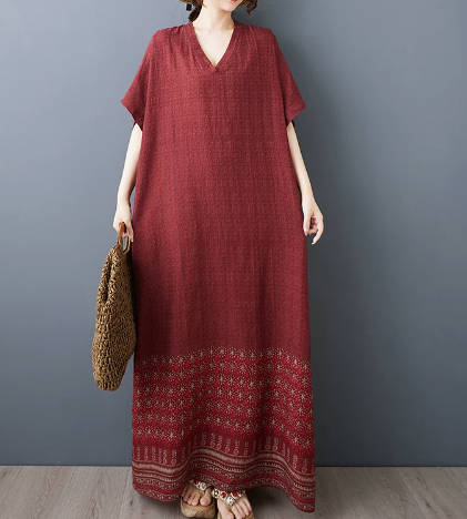 Retro V-neck Cotton Linen Loose Fitting Long Robe Dress