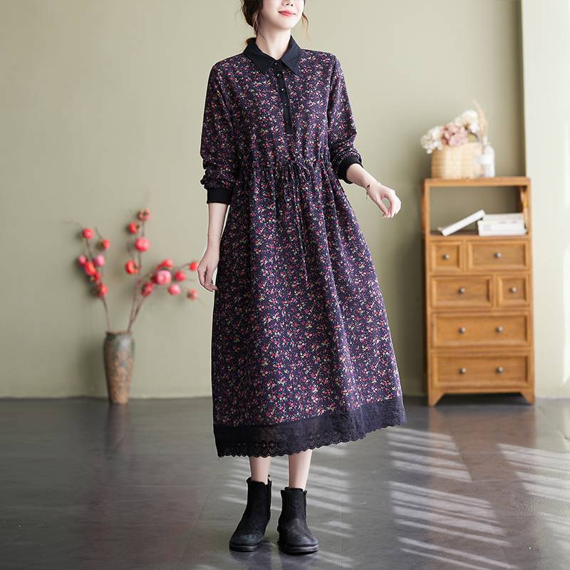 Retro Linen Floral Printed Shirt Collar Long Sleeves Lace Hem Dress