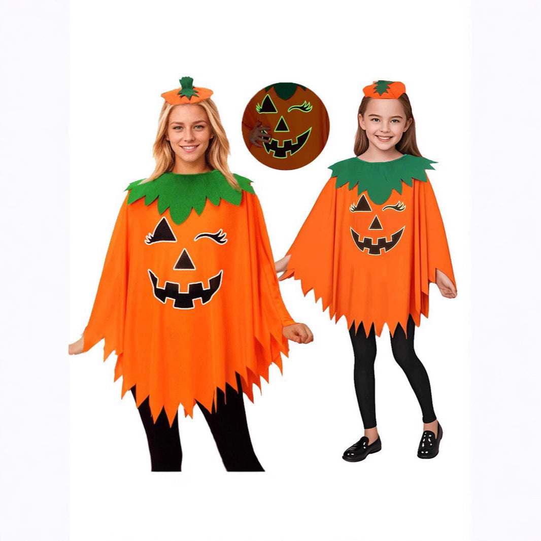 Halloween Glow-In-The-Dark Pumpkin Cape Cloak Hat Headband Set